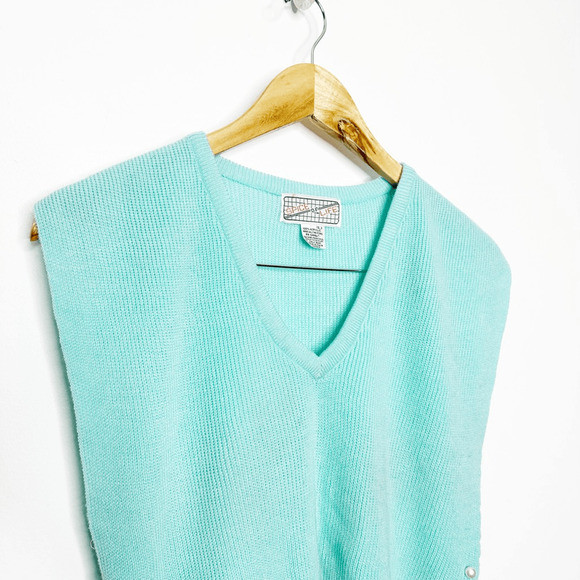 VTG 80s tapered SWEATER VEST blue v neck PEARL button side details womens L - Picture 3 of 5